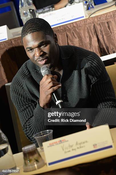 Player Victor Aiyewa speaks at the Super Bowl Gospel Celebration press conference at Super Bowl XLVIII Media Center, Sheraton Times Square on January...