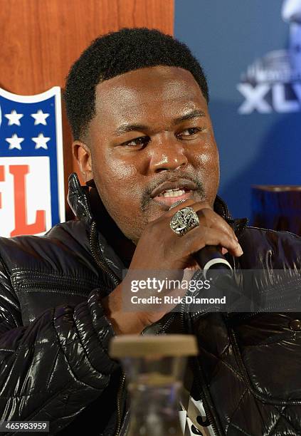 Player Bryant McKinnie speaks at the Super Bowl Gospel Celebration press conference at Super Bowl XLVIII Media Center, Sheraton Times Square on...