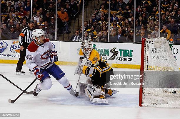 Daniel Briere of the Montreal Canadiens scores on Chad Johnson of the Boston Bruins in the second period at TD Garden on January 30, 2014 in Boston,...