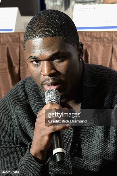 Player Victor Aiyewa speaks at the Super Bowl Gospel Celebration press conference at Super Bowl XLVIII Media Center, Sheraton Times Square on January...