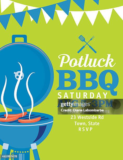bbq invitation with banner flags template - bbq invite stock illustrations