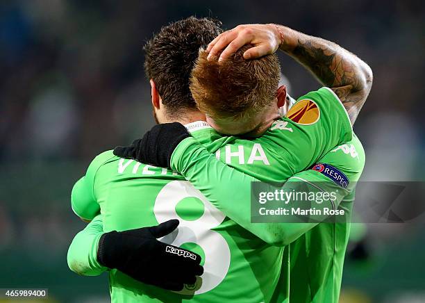 Kevin de Bruyne of VfL Wolfsburg celebrates after scoring the 2nd goal during the UEFA Europa League Round of 16 first leg match between VfL...