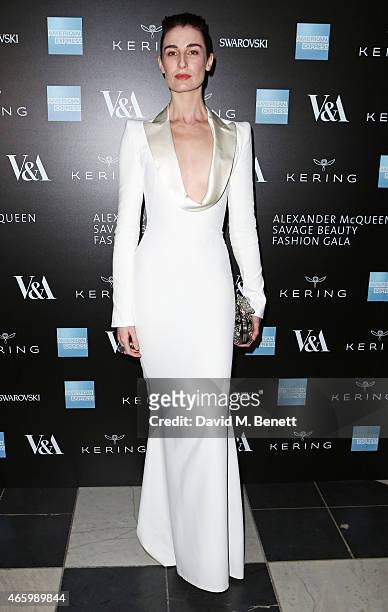 Erin O'Connor arrives at the Alexander McQueen: Savage Beauty Fashion Gala at the V&A, presented by American Express and Kering on March 12, 2015 in...