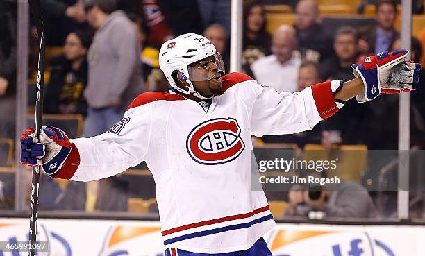 Subban of the Montreal Canadiens celebrates after defeating the Boston Bruins 4-1 at TD Garden on January 30, 2014 in Boston, Massachusetts.