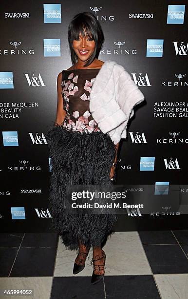 Naomi Campbell arrives at the Alexander McQueen: Savage Beauty Fashion Gala at the V&A, presented by American Express and Kering on March 12, 2015 in...