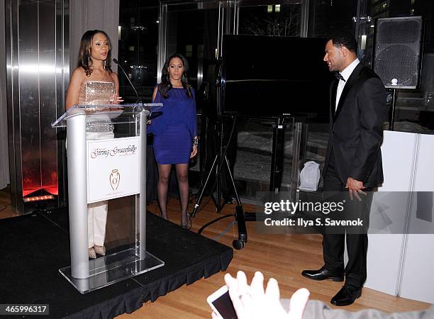 Chief consultant of Ombi Group Kimberly K. Haynes, Lauren McAlpin and football player Louis Murphy onstage at 4th Annual Giving Gracefully Awards...