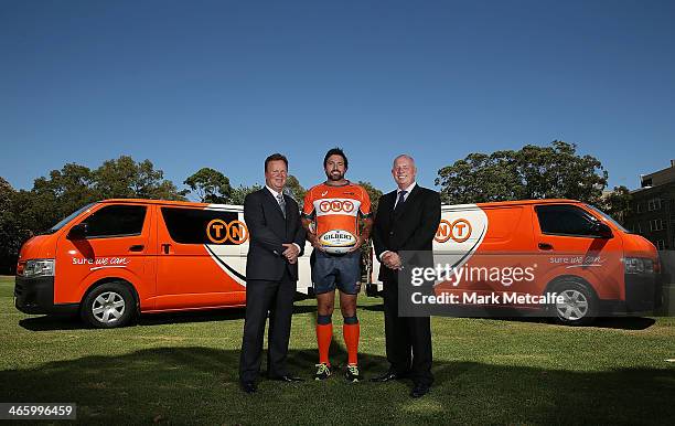 Bill Pulver, referee Steve Walsh and Bob Black of TNT pose during the TNT Sponsorship renewal announcement on January 31, 2014 in Sydney, Australia.