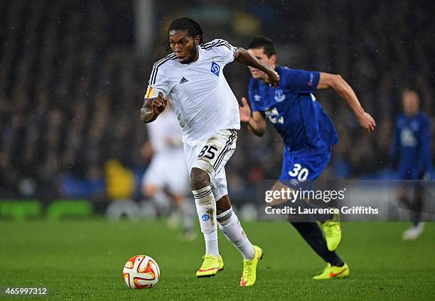 Dieumerci Mbokani of Dynamo Kyiv runs with the ball during the UEFA Europa League Round of 16, first leg match between Everton and FC Dynamo Kyiv at...