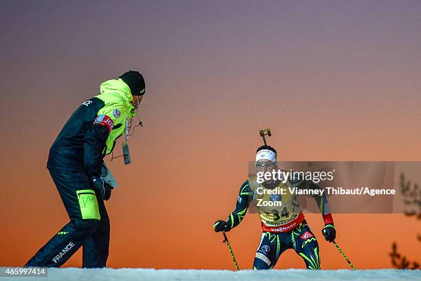 Martin Fourcade of France takes 1st place during the IBU Biathlon World Championships Men's Individual on March 12, 2015 in Kontiolahti, Finland.