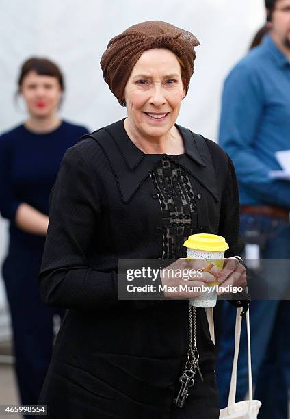 Downton Abbey" cast member Phyllis Logan dressed in character as Mrs Hughes seen prior to the arrival of Catherine, Duchess of Cambridge for a visit...