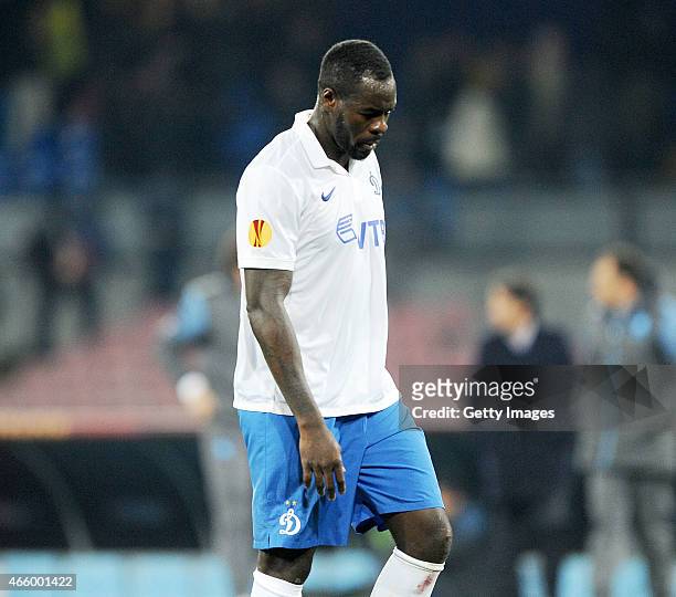 Dinamo Moskva's player Christopher Samba stands disappointed during the UEFA Europa League Round of 16 football match between SSC Napoli and FC...