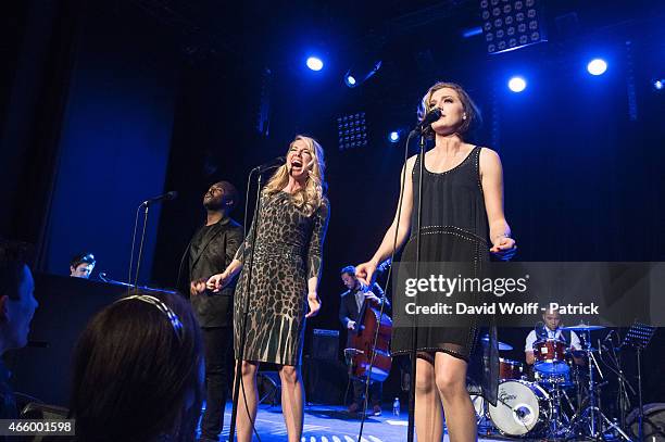 Mykal Kilgore, Morgan James and Ariana Savalas from Scott Bradlee and Postmodern Jukebox perform at L'Alhambra on March 12, 2015 in Paris, France.