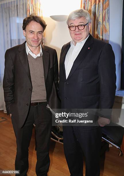 Giovanni di Lorenzo and Joschka Fischer speak about Europe during the lit. Cologne at `WDR Funkhaus`on March 12, 2015 in Cologne, Germany.