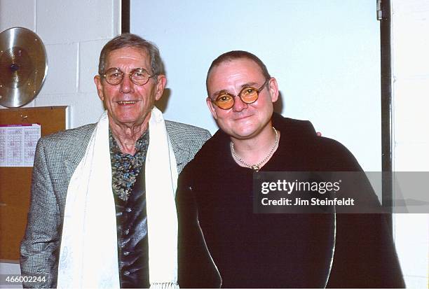 Chet Atkins and Adrian Legg pose for a portrait at the Guthrie Theatre in Minneapolis, Minnesota on October 18, 1993.