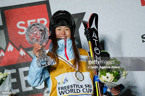 Ayana Onozuka of Japan takes 2nd place and wins the overall globe for the FIS Freestyle Halfpipe during the FIS Freestyle World Cup Finals 2015 Men's...