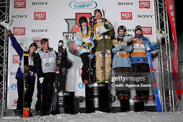 David Wise of the USA wins the overall globe for the FIS Freestyle halfpipe, Gus Kenworthy of the USA takes 2nd place, Kevin Rolland of France takes...