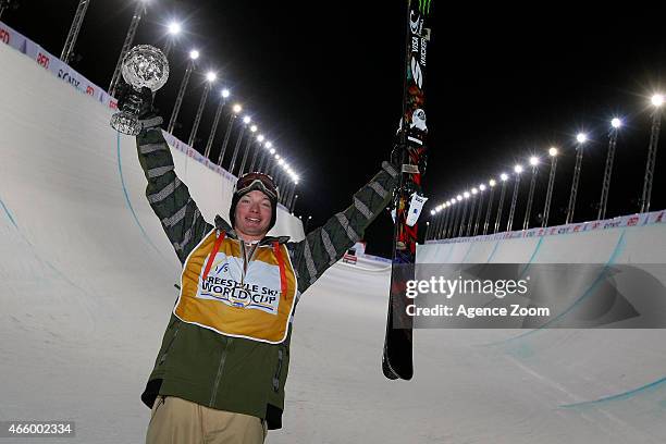 David Wise of the USA takes 2nd place and wins the overall globe for the FIS Freestyle halfpipe during the FIS Freestyle World Cup Finals 2015 Men's...