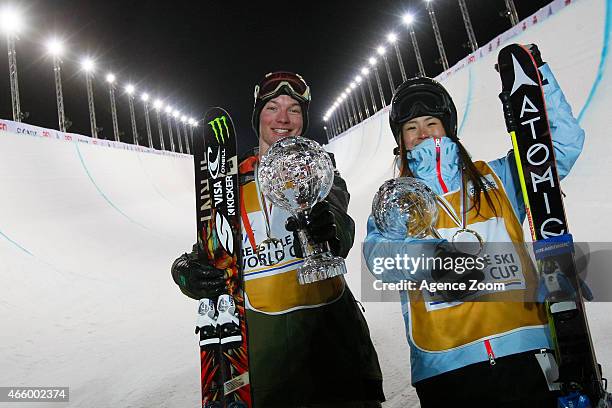 David Wise of the USA wins the overall globe, Ayana Onozuka of Japan wins the overall globe for the FIS Freestyle halfpipe during the FIS Freestyle...