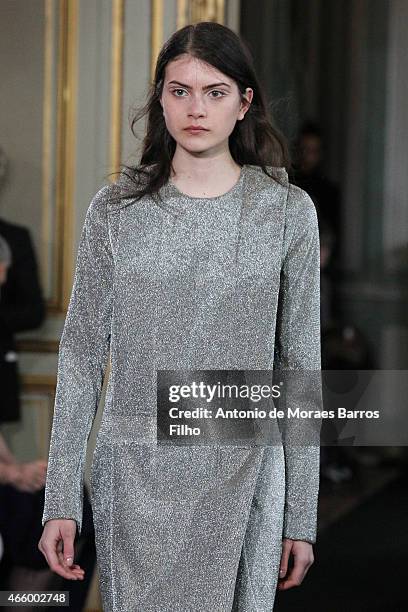 Model walks the runway during the Moon Young Hee show as part of the Paris Fashion Week Womenswear Fall/Winter 2015/2016 on March 11, 2015 in Paris,...