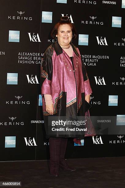 Suzy Menkes attends a private view for the "Alexander McQueen: Savage Beauty" exhibition at Victoria & Albert Museum on March 12, 2015 in London,...