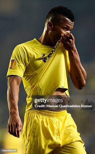 Ikechukwu Uche of Villarreal reacts during the UEFA Europa League round of 16 match between Villarreal and FC Sevilla at Estadio El Madrigal on March...