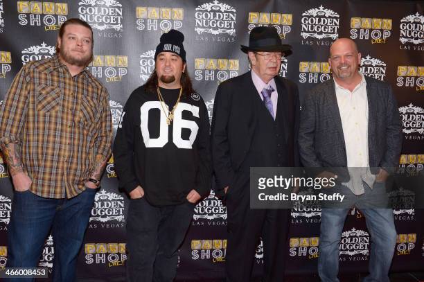 Corey 'Big Hoss' Harrison, Austin 'Chumlee' Russell, Richard 'The Old Man' Harrison and Rick Harrison arrive at the opening of 'Pawn Shop Live!,' a...