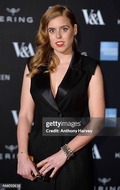 Princess Beatrice attends a private view for the "Alexander McQueen: Savage Beauty" exhibition at Victoria & Albert Museum on March 12, 2015 in...