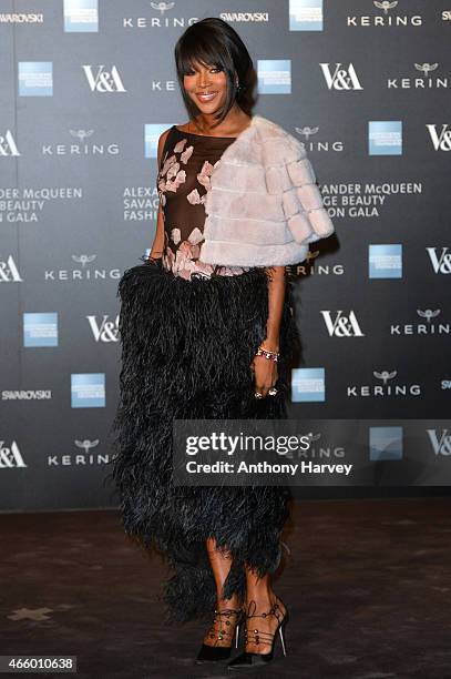 Naomi Campbell attends a private view for the "Alexander McQueen: Savage Beauty" exhibition at Victoria & Albert Museum on March 12, 2015 in London,...