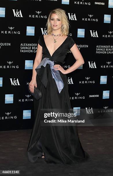 Dianna Agron attends a private view for the "Alexander McQueen: Savage Beauty" exhibition at Victoria & Albert Museum on March 12, 2015 in London,...