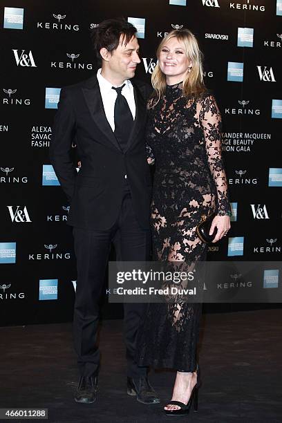 Jamie Hince and Kate Moss attends a private view for the "Alexander McQueen: Savage Beauty" exhibition at Victoria & Albert Museum on March 12, 2015...