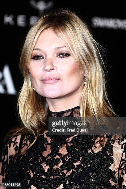 Kate Moss attends a private view for the "Alexander McQueen: Savage Beauty" exhibition at Victoria & Albert Museum on March 12, 2015 in London,...