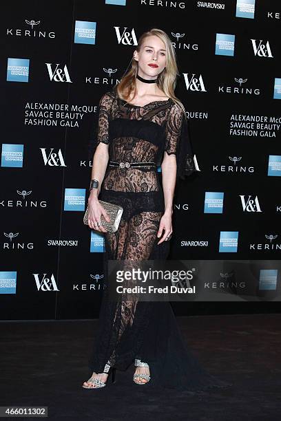 Mary Charteris attends a private view for the "Alexander McQueen: Savage Beauty" exhibition at Victoria & Albert Museum on March 12, 2015 in London,...