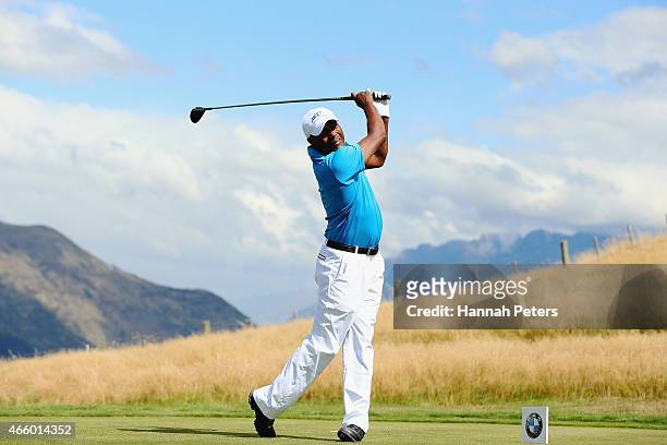 Former West Indies cricketer Brian Lara tees off during day two of the New Zealand Open at The Hills Golf Club on March 13, 2015 in Queenstown, New...
