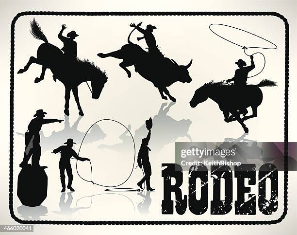 ilustraciones, imágenes clip art, dibujos animados e iconos de stock de rodeo-bull rider, lazo, cowboy payaso - lazo cuerda