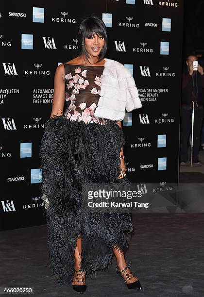Naomi Campbell attends a private view for the "Alexander McQueen: Savage Beauty" exhibition at Victoria & Albert Museum on March 12, 2015 in London,...