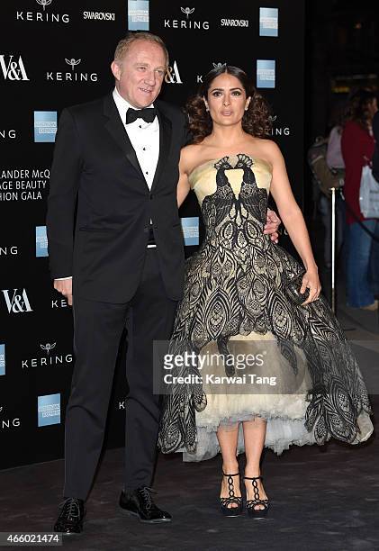 Francois Henri Pinault and Salma Hayek attend a private view for the "Alexander McQueen: Savage Beauty" exhibition at Victoria & Albert Museum on...