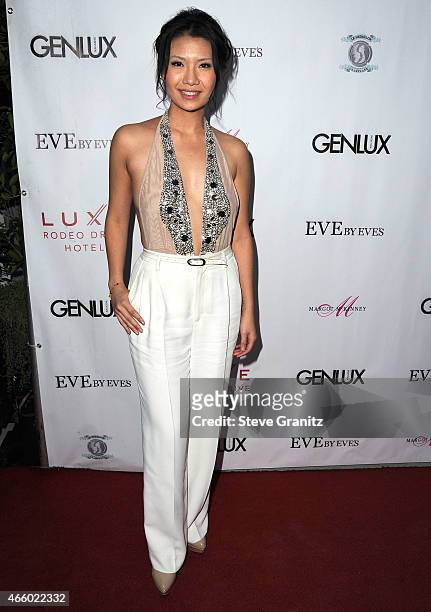 Gwendoline Yeo arrives at the Cover Girl Elizabeth Hurley & Genlux Magazine Hosts Issue Release Party at Eve by Eves on March 12, 2015 in Beverly...