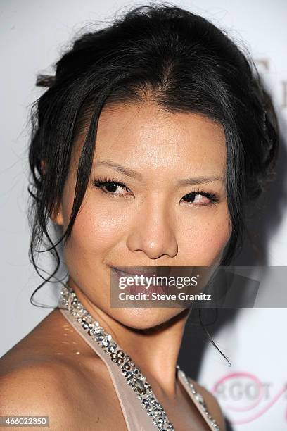 Gwendoline Yeo arrives at the Cover Girl Elizabeth Hurley & Genlux Magazine Hosts Issue Release Party at Eve by Eves on March 12, 2015 in Beverly...