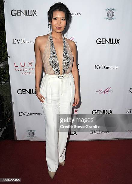 Gwendoline Yeo arrives at the Cover Girl Elizabeth Hurley & Genlux Magazine Hosts Issue Release Party at Eve by Eves on March 12, 2015 in Beverly...