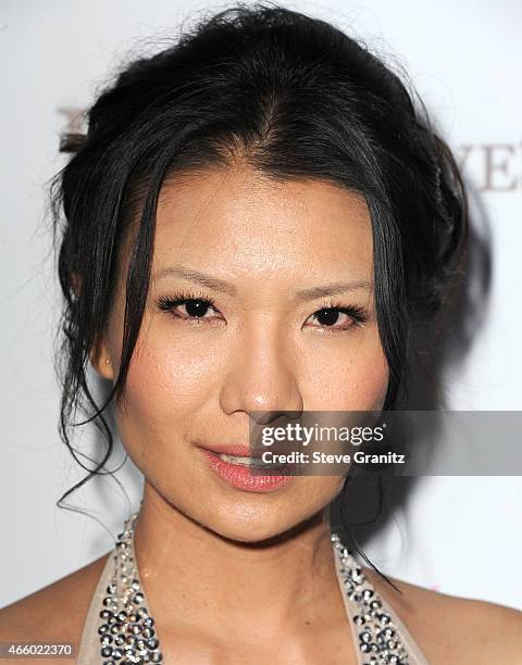 Gwendoline Yeo arrives at the Cover Girl Elizabeth Hurley & Genlux Magazine Hosts Issue Release Party at Eve by Eves on March 12, 2015 in Beverly...