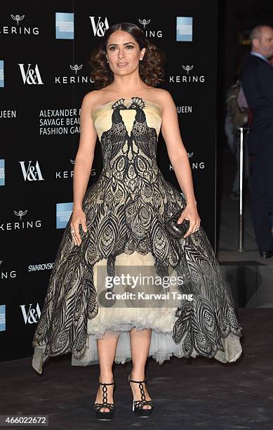 Salma Hayek attends a private view for the "Alexander McQueen: Savage Beauty" exhibition at Victoria & Albert Museum on March 12, 2015 in London,...