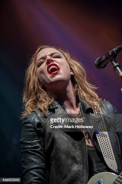 Lzzy Hale of Halestorm performing on stageof Halestorm performs at Southampton Guildhall on March 12, 2015 in Southampton, England.