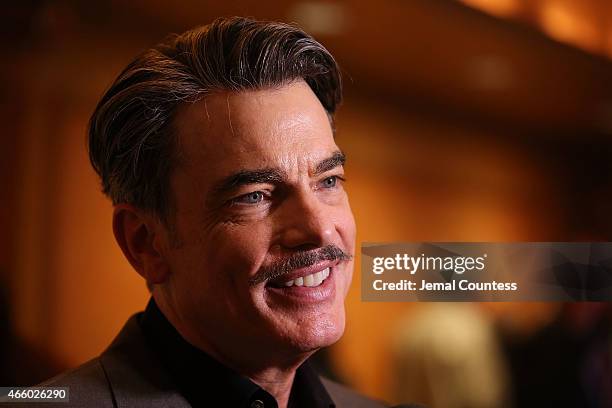 Actor Peter Gallagher speaks to the media at the opening night performance of "On The Twentieth Century" at American Airlines Theatre on March 12,...