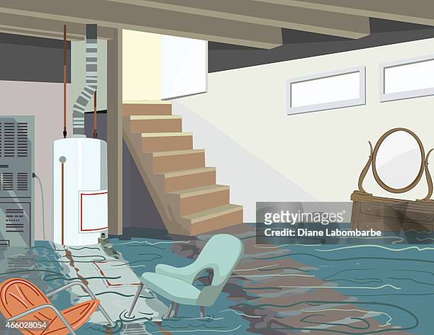 ilustraciones, imágenes clip art, dibujos animados e iconos de stock de entra en el sótano con agua caliente y muebles tanque de flotación - home disaster