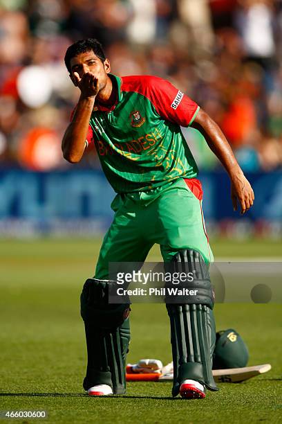 Mahmudullah of Bangladesh celebrates his century during the 2015 ICC Cricket World Cup match between Bangladesh and New Zealand at Seddon Park on...