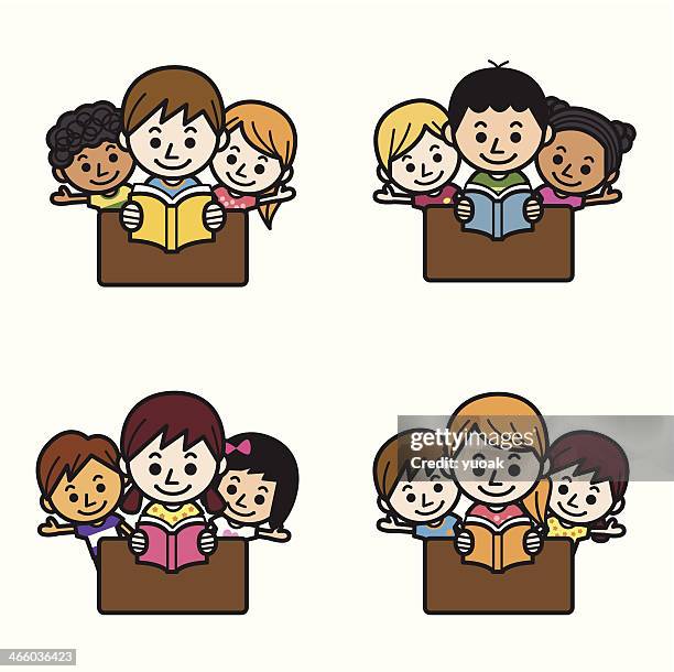 süße kinder lesen - kids smiling multiple nationalities stock-grafiken, -clipart, -cartoons und -symbole