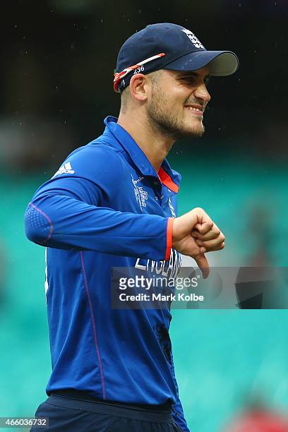 Alex Hales of England gestures to the crowd during the 2015 Cricket World Cup match between England and Afghanistan at Sydney Cricket Ground on March...