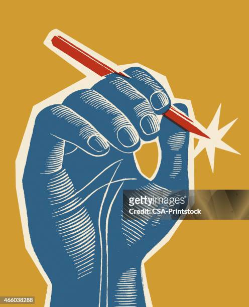 blaue hand holding roten stift - author stock-grafiken, -clipart, -cartoons und -symbole