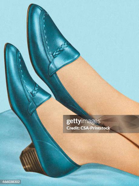 woman wearing blue shoes - blue shoe stock illustrations
