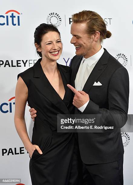 Actors Caitriona Balfe and Sam Heughan attend The Paley Center for Media's 32nd Annual PALEYFEST LA "Outlander" at Dolby Theatre on March 12, 2015 in...